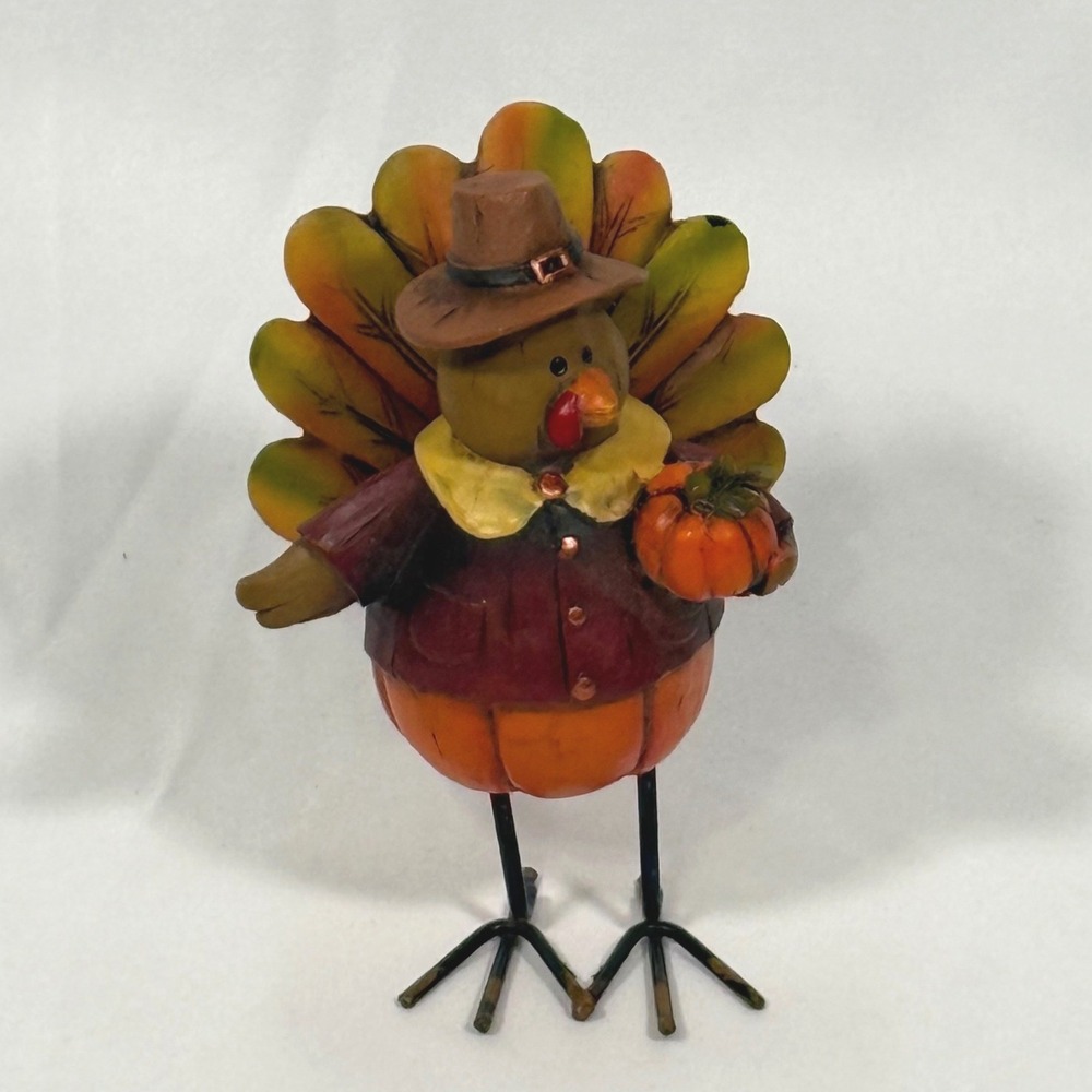 Turkey Figurine Small Multicolor Pumpkin Base Pilgrim Hat Harvest Decor